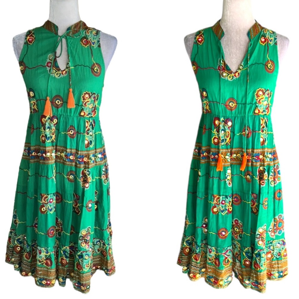 Rubyyaya Kelly Green Floral Tie Neck Tassel Mirror Sequin Tiered Midi Dress - S